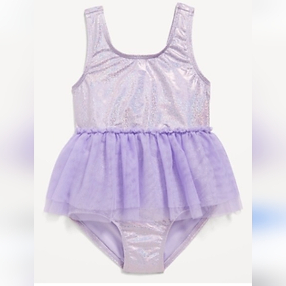 🍁New Iridescent Mermaid purple Old Navy Swimsuit with Tulle Skirt size 18-24 m